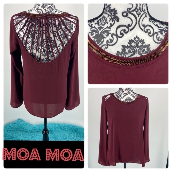 Moa Moa maroon cut out back long sleeve beaded blouse. Embellished. Lightweight - Picture 1 of 9